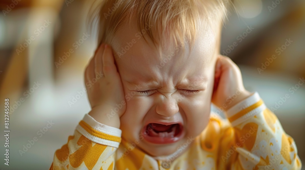 Baby crying holding his ears. A tearful toddler covers her ears and