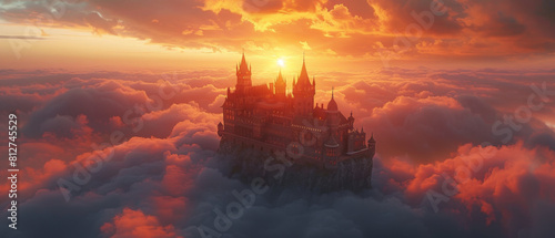 Magical high castle on floating island above clouds at sunset
