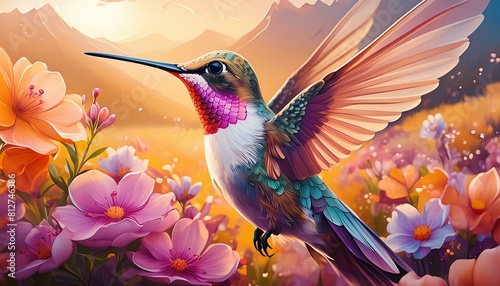 The busy hummingbird flits from flower to flower, a tiny marvel, a sweet power."oiseau, animal, nature, colibri, vector, illustration, volant, bec, faune, fleur, ailes, empennage, art, 