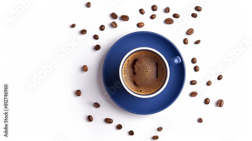Blue cup of coffee on a white background  surrounded by coffee beans.