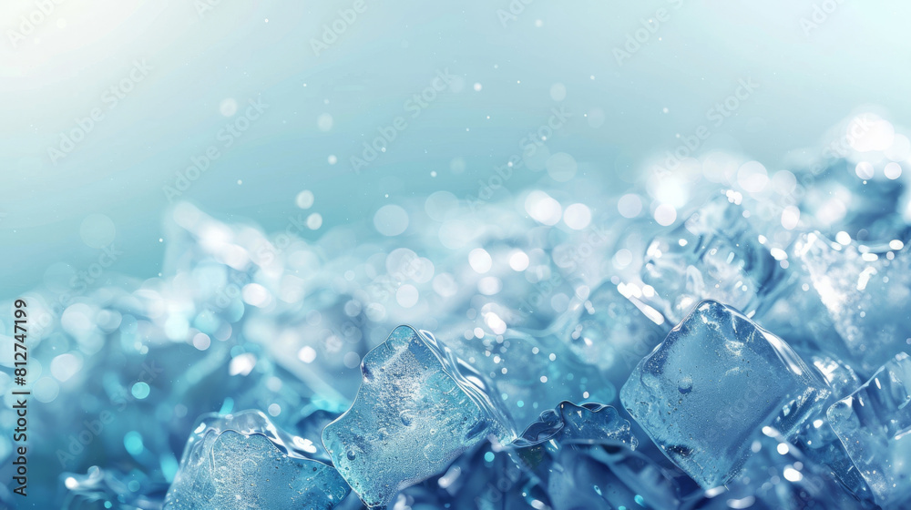 Close-up of sparkling ice cubes with water droplets on a gradient blue backdrop, symbolizing freshness, coolness, and purity Close-up of sparkling ice cubes with water droplets on a gradient blue backdrop, symbolizing freshness, coolness, and purity