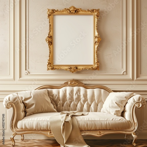 A vintage, antique frame with intricate gold detailing hangs on the wall above a plush velvet sofa.