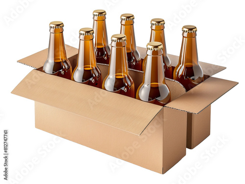 Cardboard box with amber glass beer bottles, sealed with caps, representing packaging and beverage storage cut out isolated Transparent PNG Elements