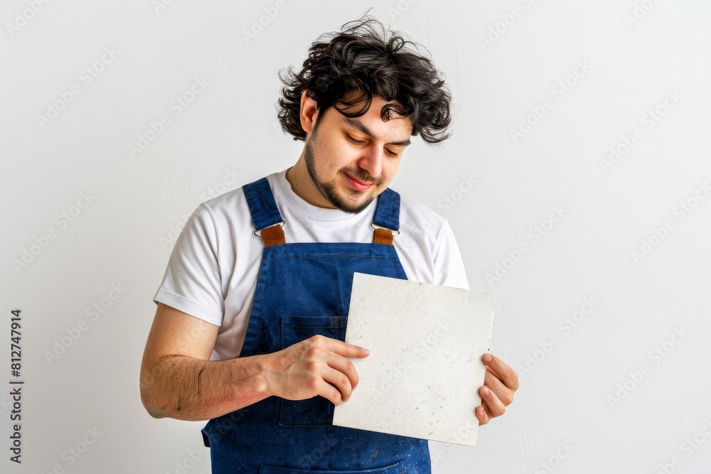 man in blue overalls holding white ceramic tile man in blue overalls holding white ceramic tile