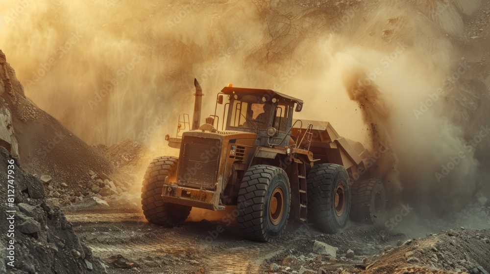 Dusty scene of heavy machinery operating in a gravel pit. Dusty scene of heavy machinery operating in a gravel pit.