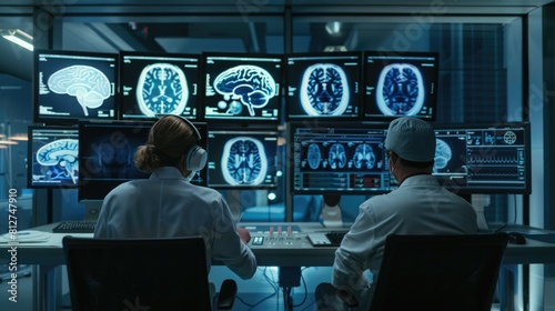 Two people studying MRI images at a desk, suitable for medical concepts