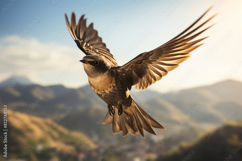Fototapeta premium Close up of a Common Swift in mid flight, detailed feather texture visible, soft focus sky background