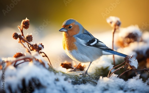 Brightly colored Chaffinch perched on a frost covered branch, early morning light