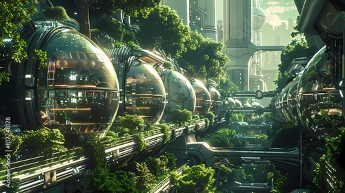 A lush and green cityscape of the future with glass domes and lush vegetation. photo