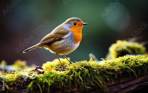 Close up of a European Robin standing on a mossy log, vibrant orange breast prominently displayed photo