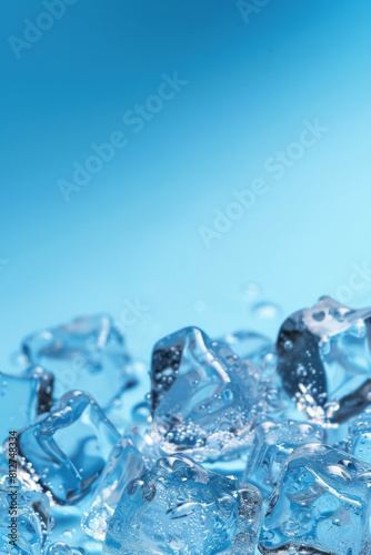 Fresh and cool ice cubes with water droplets captured on a light blue backdrop  ideal for refreshing summer concepts