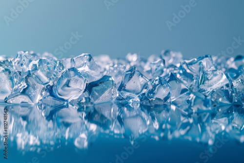 Close up high resolution image of glistening ice cubes with a translucent. Crystal clear. And glassy texture. Scattered on a blue background. Creating a serene and refreshing backdrop