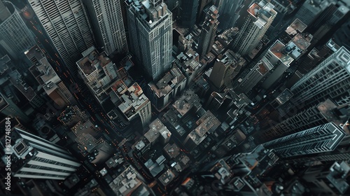 Craft a haunting dystopian cityscape from a birds-eye view, using abstract art to convey chaos and gloom with harsh lines, dark hues, and distorted shapes photo