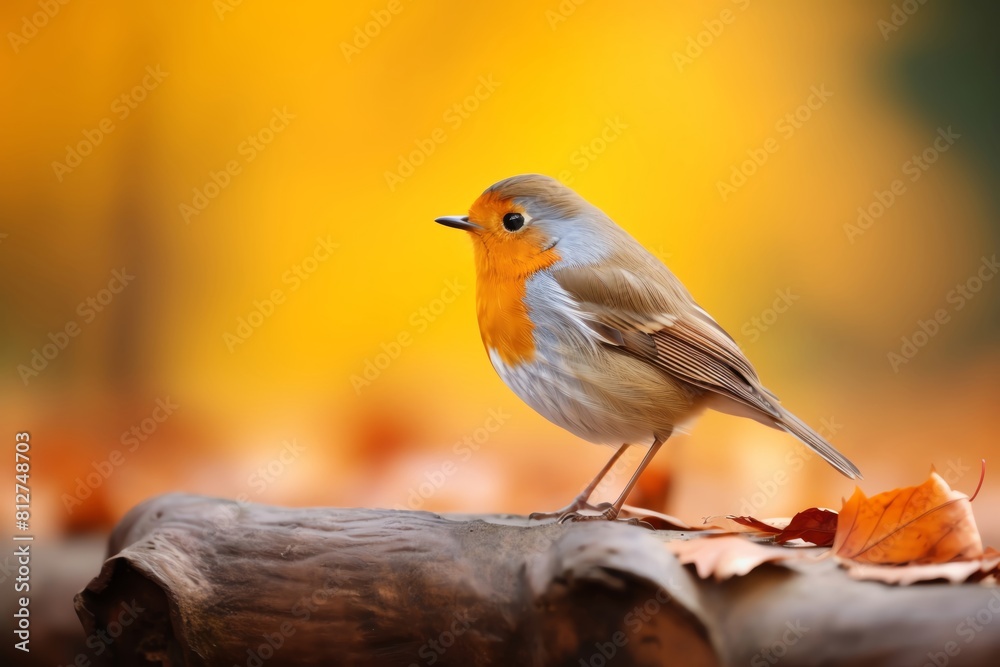 Portrait of a European Robin, orange breast contrasting against a muted brown autumn leaf background Portrait of a European Robin, orange breast contrasting against a muted brown autumn leaf background