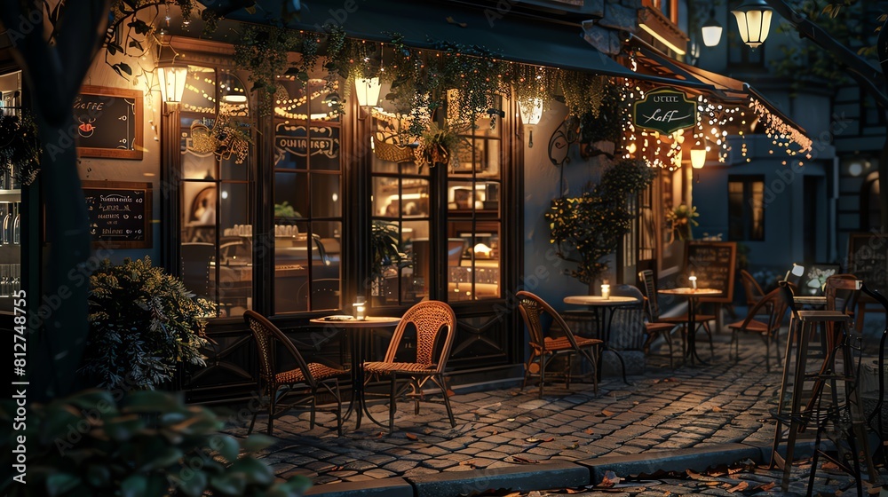 Craft a photorealistic scene where a cozy cafe is lit by innovative solar-powered lamps