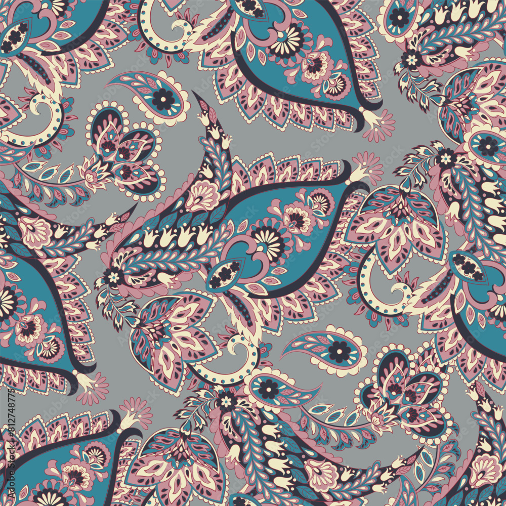 Paisley seamless vector pattern with flowers in Indian style. 