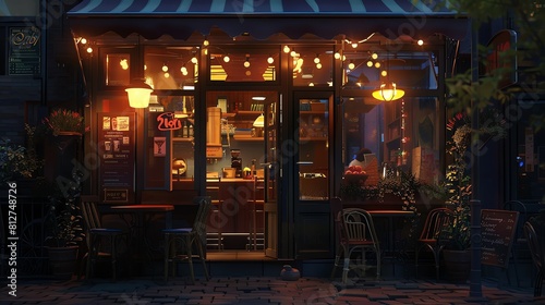 Craft a photorealistic scene where a cozy cafe is lit by innovative solar-powered lamps © Pikul