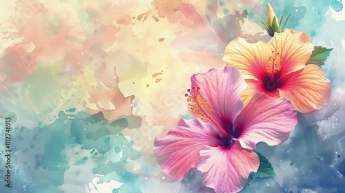 Beautiful artistic background with watercolor textured hibiscus tropical flowers photo