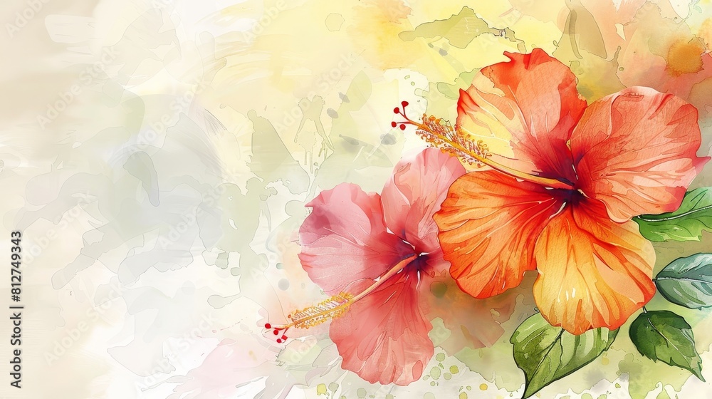 Beautiful artistic background with watercolor textured hibiscus tropical flowers
