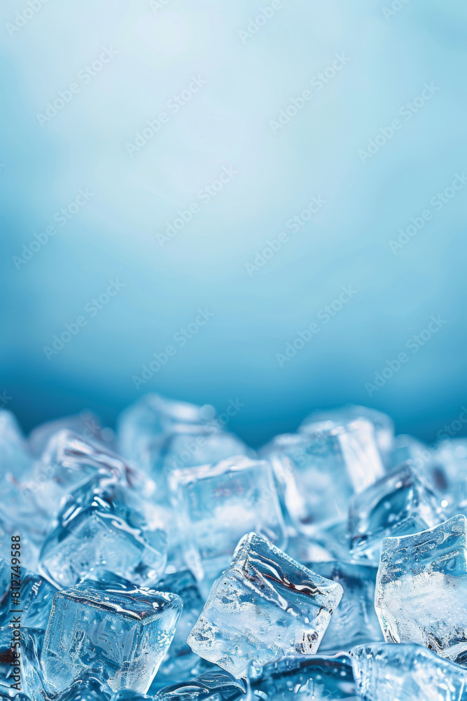 Abundance of clear ice cubes piled up, set against a cool, blurred blue background, invoking a fresh, chilly atmosphere Abundance of clear ice cubes piled up, set against a cool, blurred blue background, invoking a fresh, chilly atmosphere