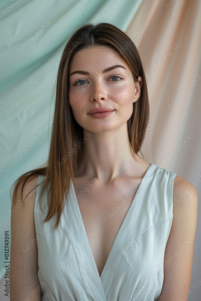 Portrait of a professional woman in career attire with straight hair on soft pastel background. Portrait of a professional woman in career attire with straight hair on soft pastel background.
