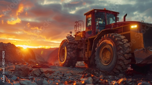 Earthmover operating on a construction site at sunset. photo