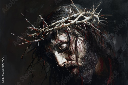 A painting of a man wearing a crown of thorns. Suitable for religious themes