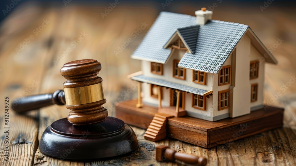 Gavel and miniature house on table Gavel and miniature house on table
