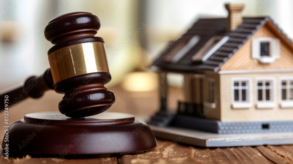 High resolution stock photo of a gavel and miniature house on a table High resolution stock photo of a gavel and miniature house on a table