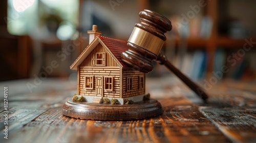 Gavel and miniature house on table photo