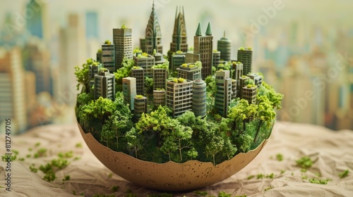 Ecofriendly cityscape inside an eggshaped globe photo