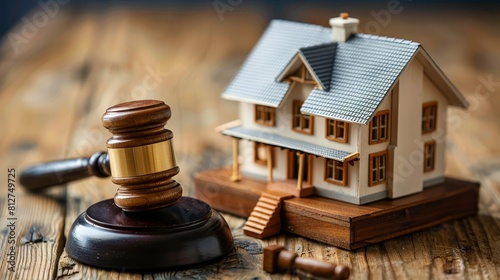 Gavel and miniature house on table photo