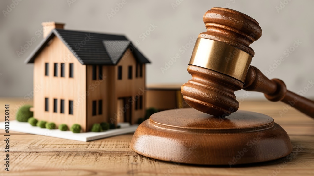 Real estate law concept with a wooden gavel and house model on a table A realistic photo in the style of a stock photoshoot for stock photography Real estate law concept with a wooden gavel and house model on a table A realistic photo in the style of a stock photoshoot for stock photography