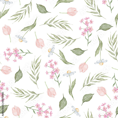 Hand Drawn Watercolor Flowers Seamless Pattern. Hand drawn floral decorative background print