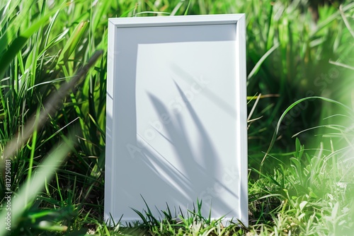 A plain white frame mockup, laying on grass in sunny day.