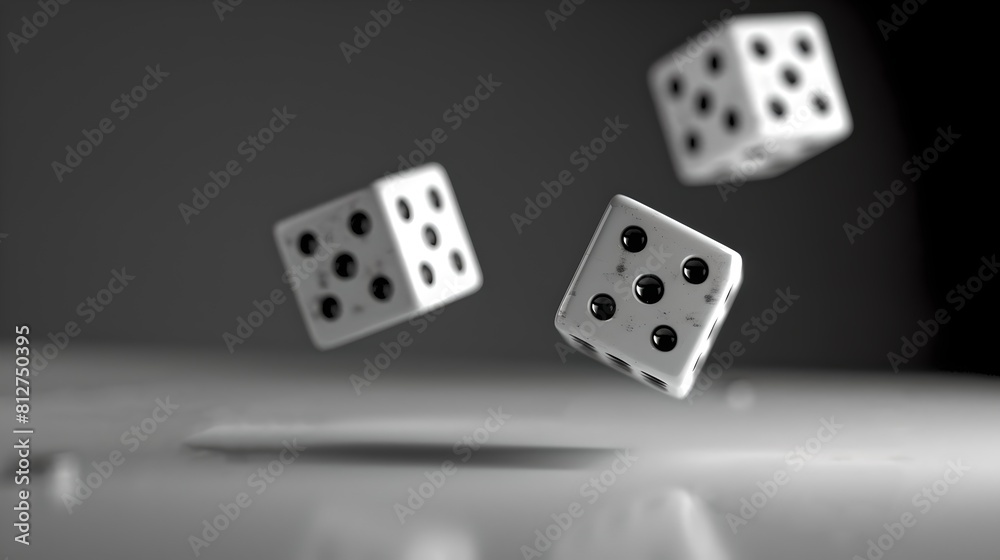 Three Dice Mid-Air with Focus on Foreground in Monochrome. Capturing Motion and Chance. Perfect for Gaming and Probability Themes. AI Three Dice Mid-Air with Focus on Foreground in Monochrome. Capturing Motion and Chance. Perfect for Gaming and Probability Themes. AI