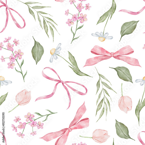 Hand Drawn Watercolor Flowers & Ribbon Bows Seamless Pattern. Hand drawn floral decorative background print