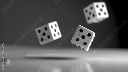 Three Dice Mid-Air with Focus on Foreground in Monochrome. Capturing Motion and Chance. Perfect for Gaming and Probability Themes. AI