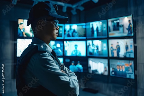 A security professional in uniform monitoring multiple home security camera feeds on a modern digital display in a dark control room