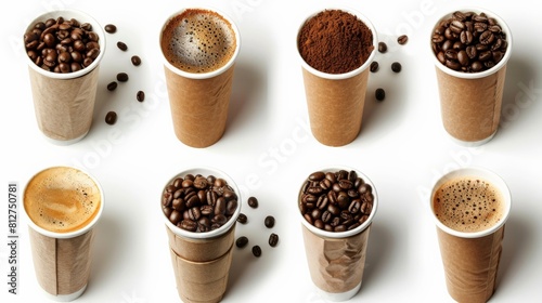 A variety of coffee drinks and beans in paper cups on a white background. photo
