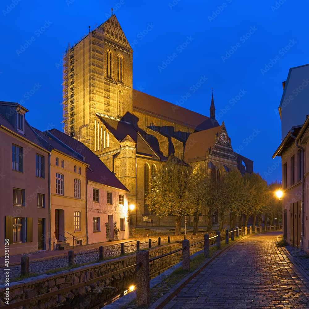 Wismar, Germany. St. Nicholas Church (Nikolaikirche) in dusk. The church was built from 1381 to 1487.