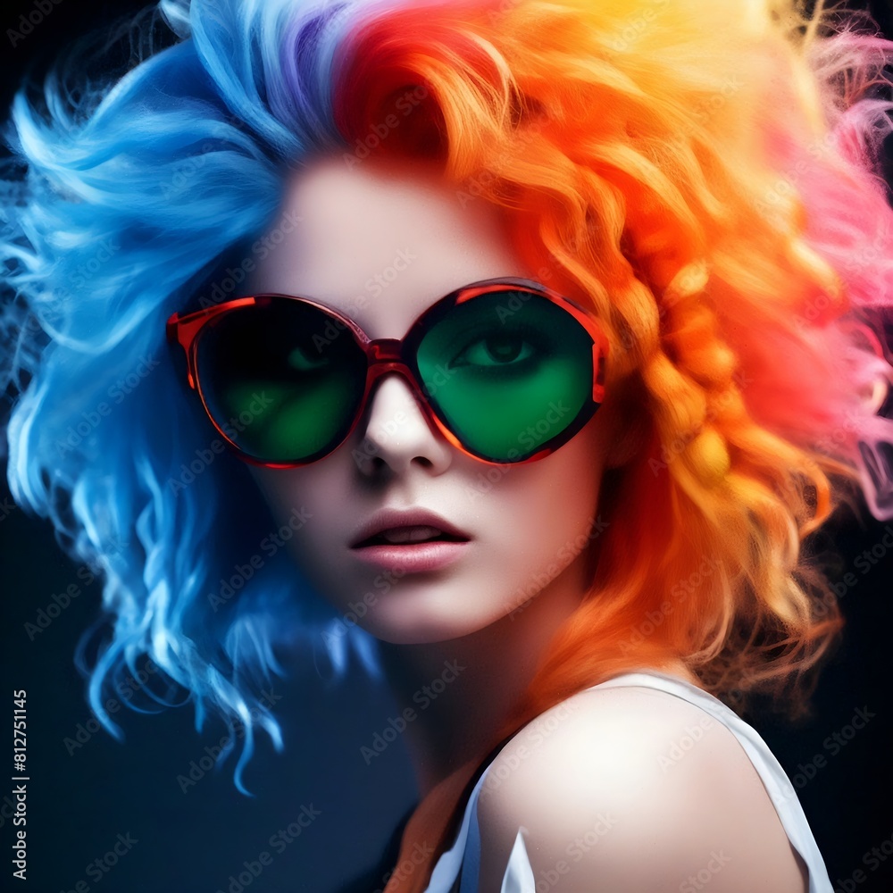 Mädchen mit Sonnenschutzbrille mit bunten Haaren. Hintergrund für das Design 7.
