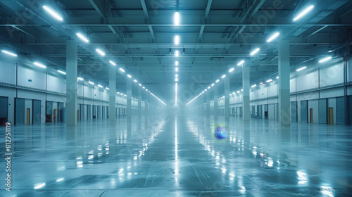 Minimalist, futuristic warehouse with soft lighting
