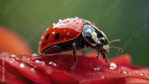 Macro Magic, Close-Up of a Ladybug Perched on a Red Flower Petal with Water Droplets