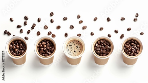 A row of coffee cups with coffee beans and coffee grounds on a white background. photo