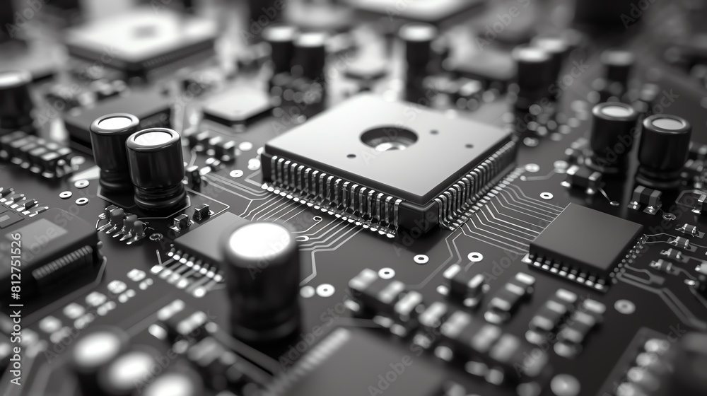 Closeup of hightech semiconductor components, emphasizing detail and precision in a monochromatic tone Closeup of hightech semiconductor components, emphasizing detail and precision in a monochromatic tone