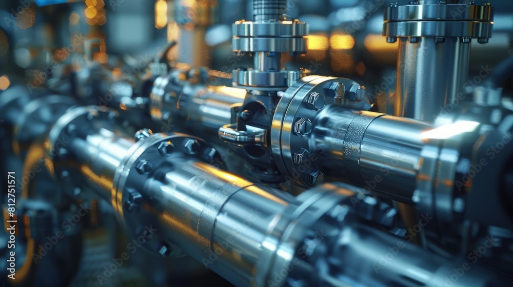 Close detailed view of interconnected pipes and valves in industrial setting. Close detailed view of interconnected pipes and valves in industrial setting.