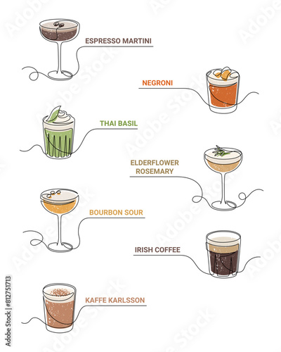 Outline drawing of alcoholic cocktail drinks isolated on white background. Espresso martini, negroni, thai basil, elderflower rosemary, bourbon sour, irish coffee, kaffe karlsson. Vector illustration