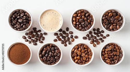 Different types of coffee beans and ground coffee in white cups on a white background.