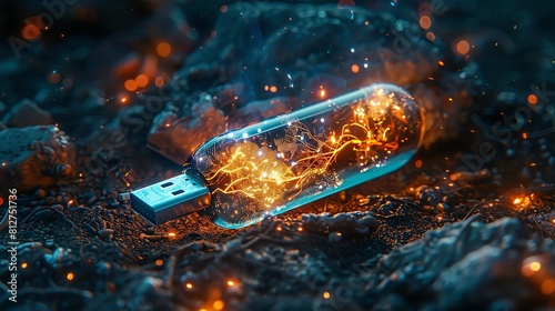 Mystical USB with beautiful electric elements, a 3D representation of magic and technology intertwined